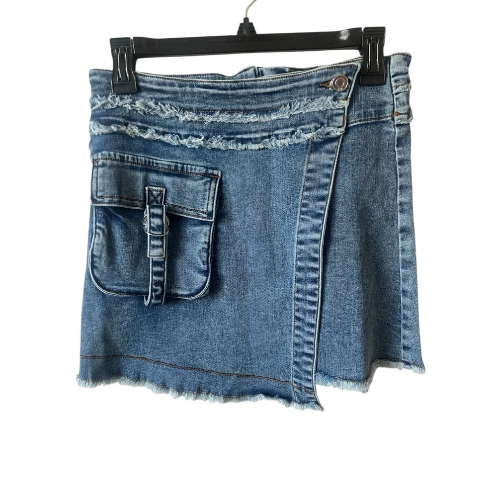 RTA Denim Faux Wrap Mini Skirt Cargo Pocket Frayed Hem Blue Size Small NWT
